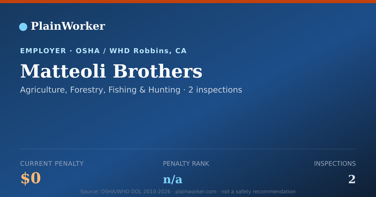 Shareable card for Matteoli Brothers OSHA record | PlainWorker